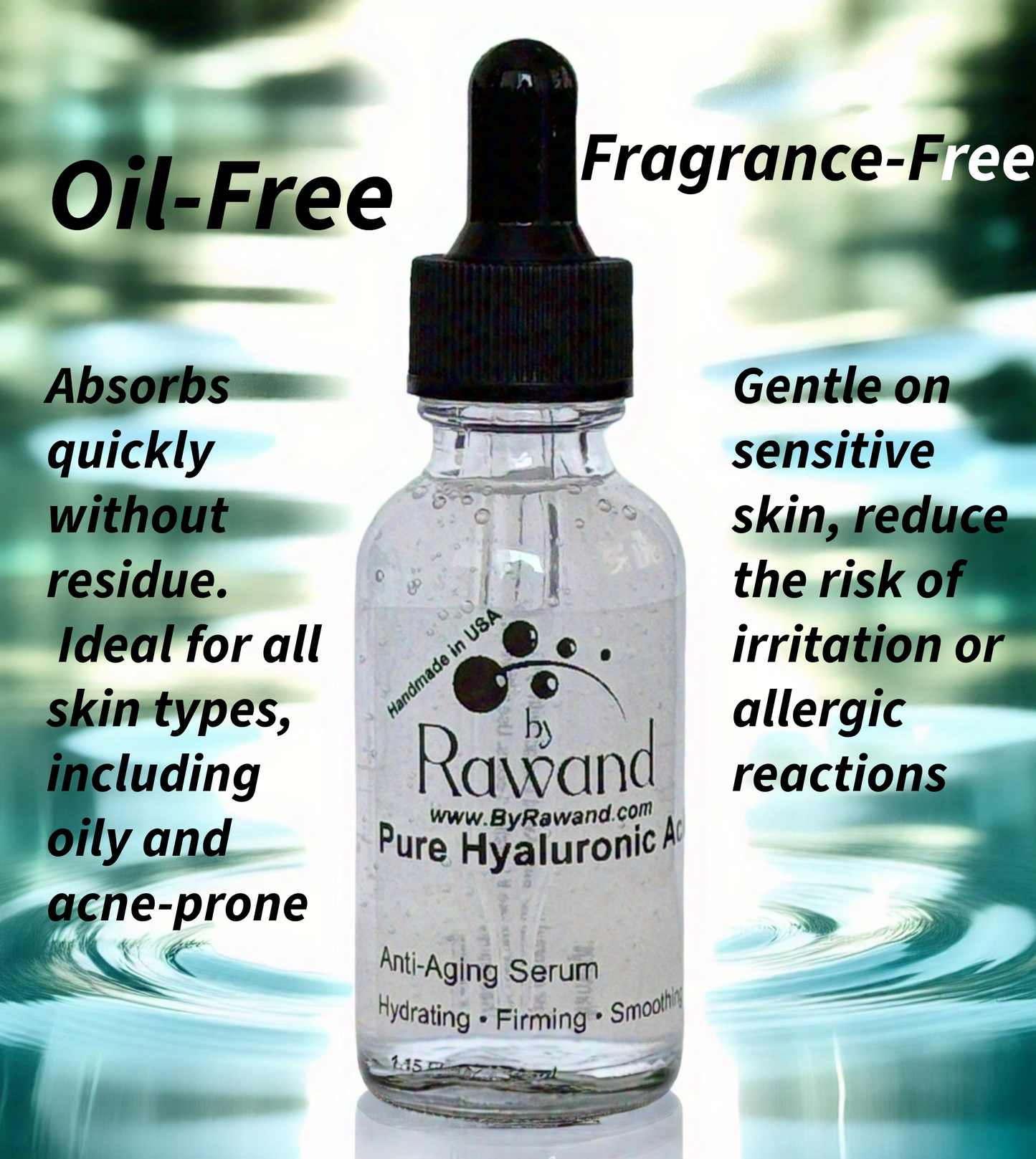 Pure Hyaluronic Acid High and low molecular Anti-Aging Serum, Oil-Free, Fragrance-Free, Deep Hydrating and Firming, 1.15 FL OZ