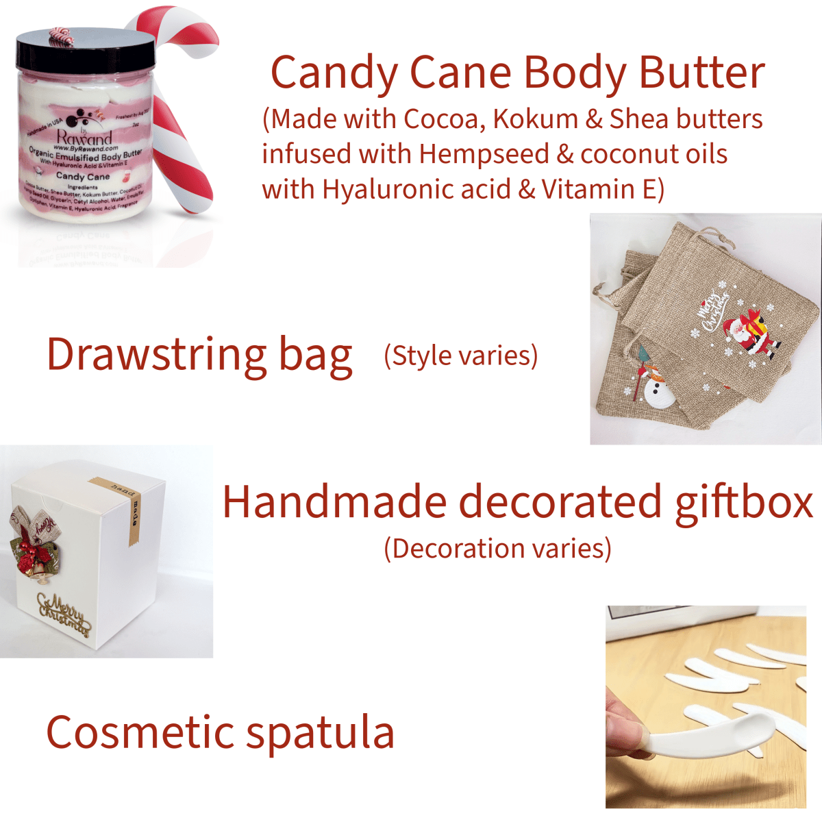 Candy Cane Scented Body Butter: Shea, Cocoa and Kokum Butter with Hemp Seed oil. With a gift box handmade ready to gift 7oz jar - Bath & Body Products ByRawand