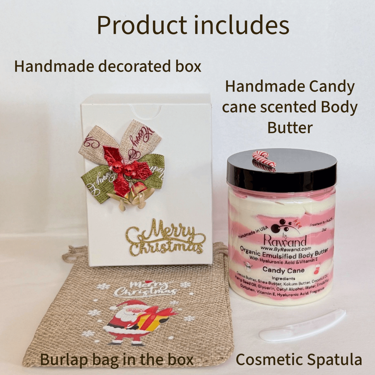 Candy Cane Scented Body Butter: Shea, Cocoa and Kokum Butter with Hemp Seed oil. With a gift box handmade ready to gift 7oz jar - Bath & Body Products ByRawand