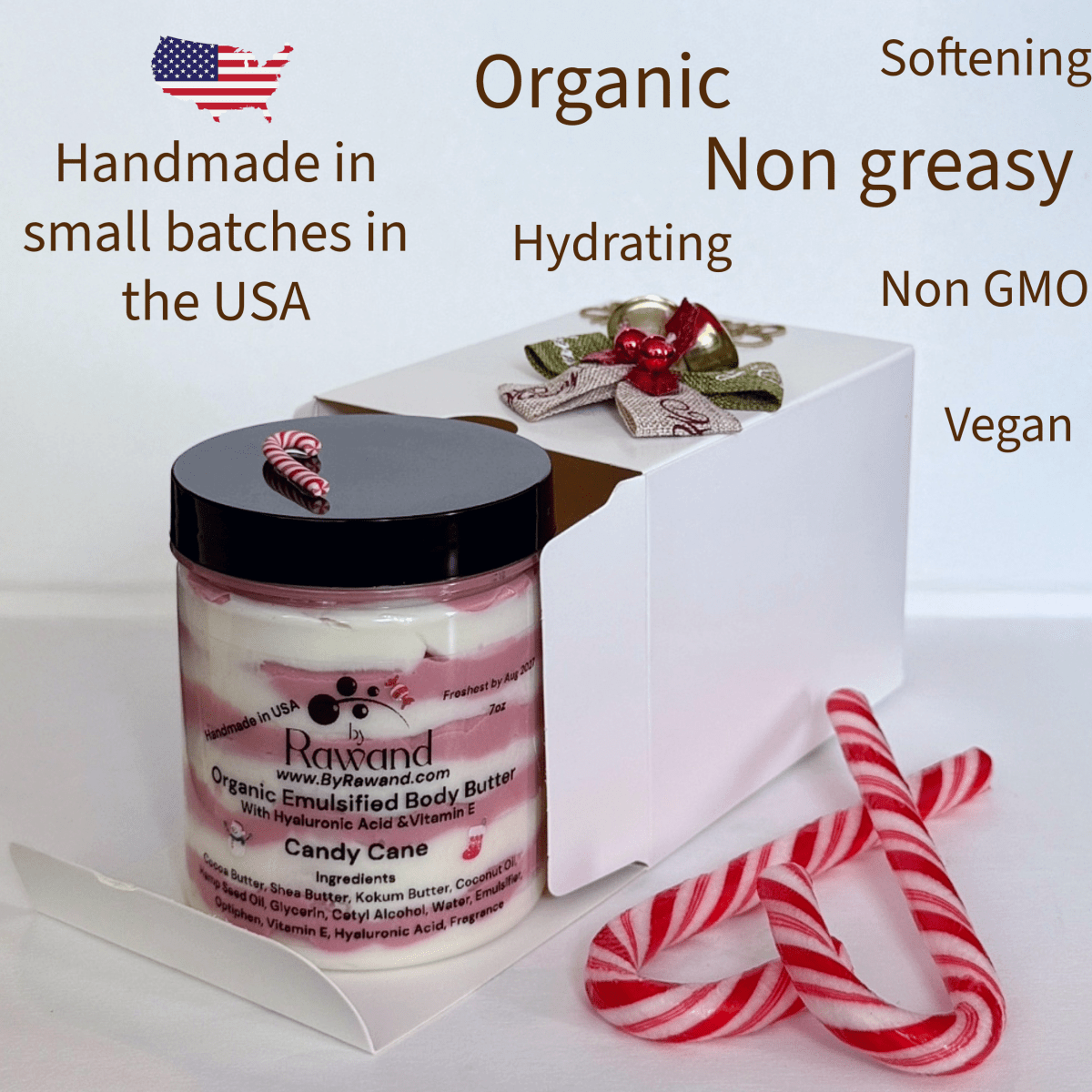 Candy Cane Scented Body Butter: Shea, Cocoa and Kokum Butter with Hemp Seed oil. With a gift box handmade ready to gift 7oz jar - Bath & Body Products ByRawand