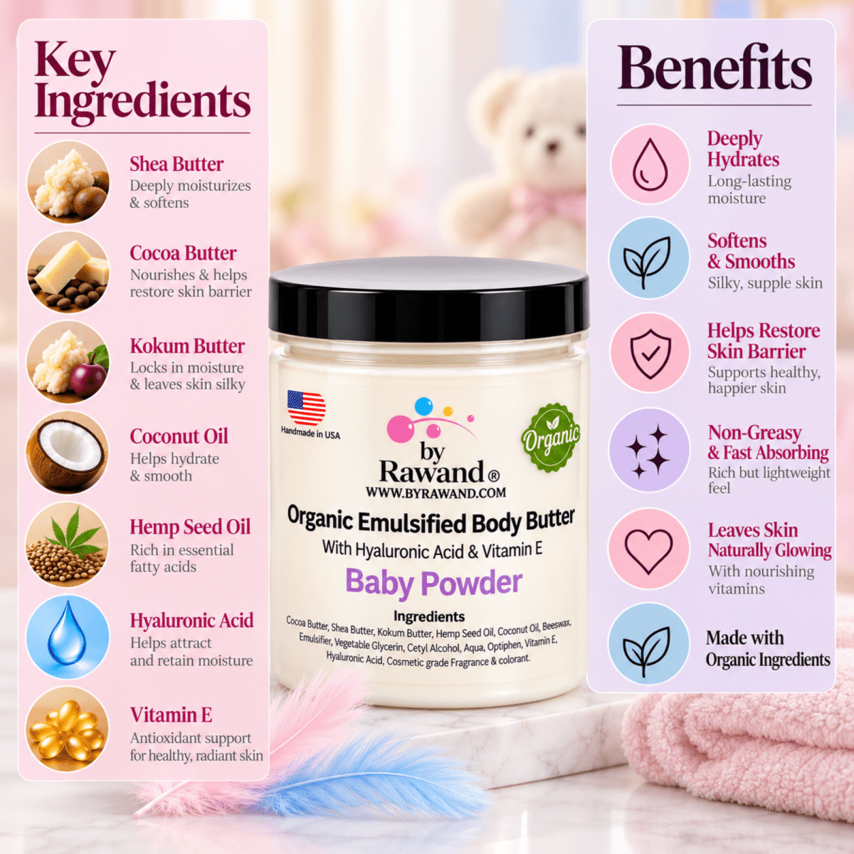 Baby Powder moisturizing buttercream with Hyaluronic acid & vitamin E - Bath & Body Products ByRawand