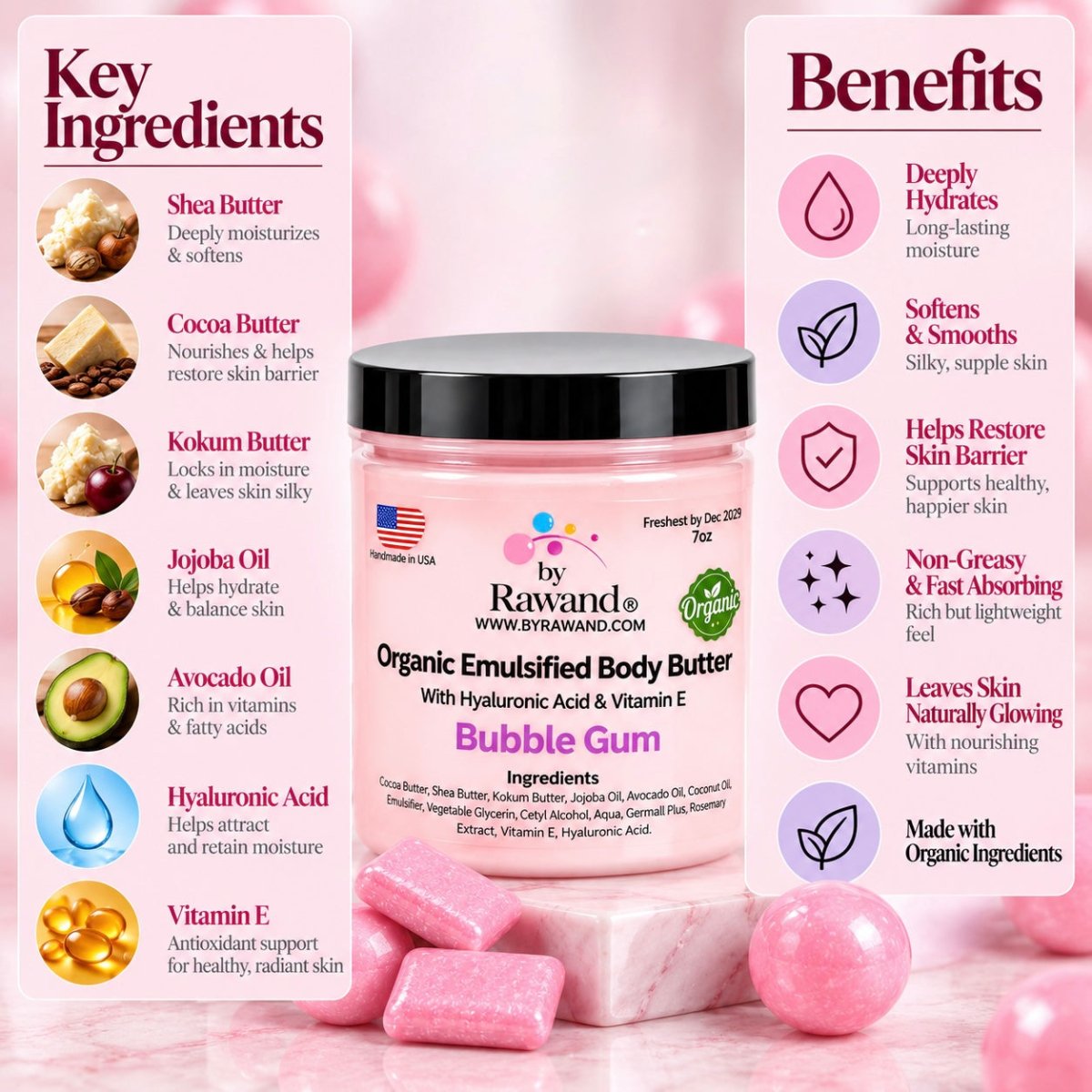 BubbleGum Moisturizing Body Butter with Hyaluronic acid & vitamin E - Bath & Body Products ByRawand