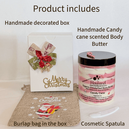 Candy Cane Scented Body Butter: Shea, Cocoa and Kokum Butter with Hemp Seed oil. With a gift box handmade ready to gift 7oz jar - Bath & Body Products ByRawand