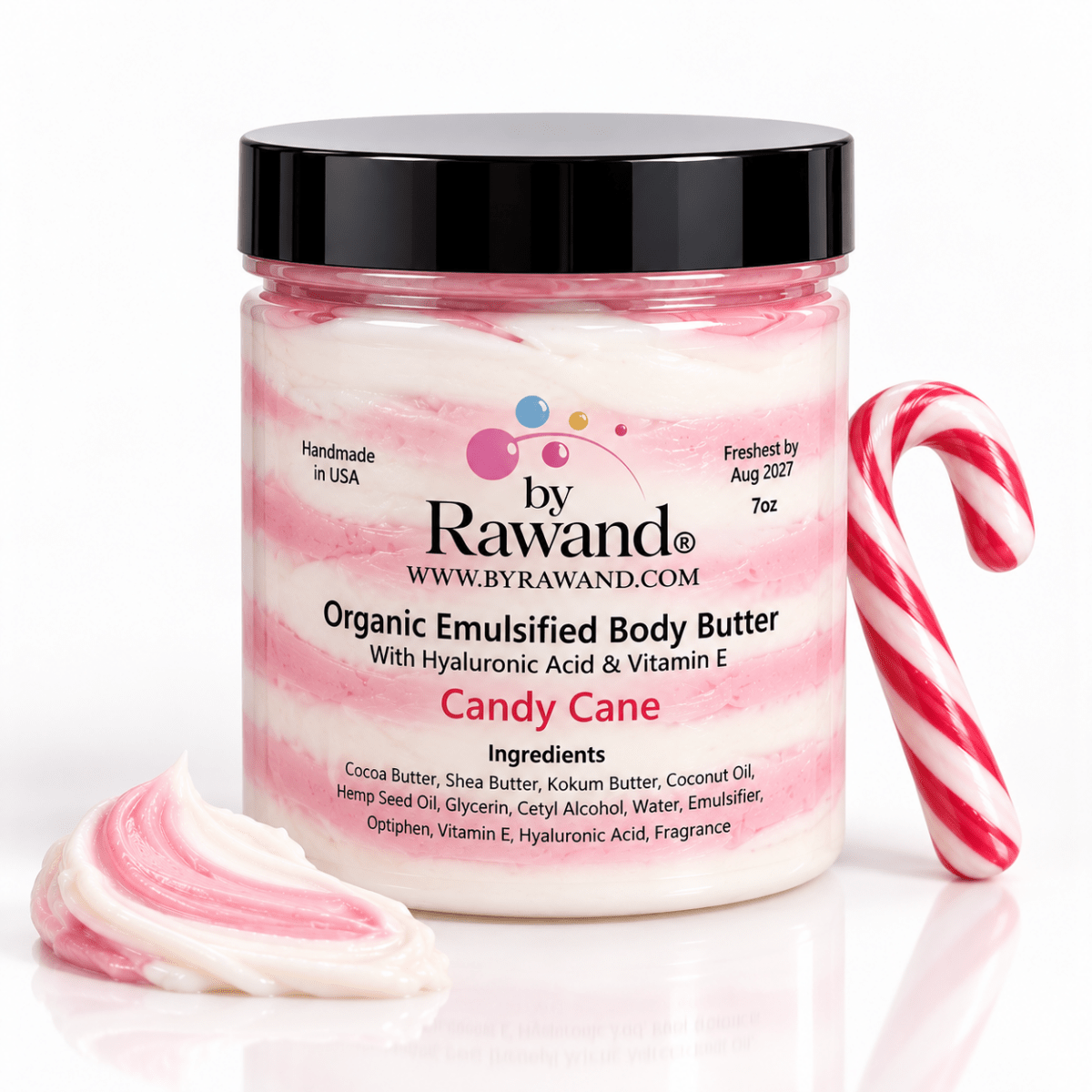 Candy Cane Scented Organic Body Butter - Omega Rich Formula - 7oz Jar - Bath & Body Products ByRawand