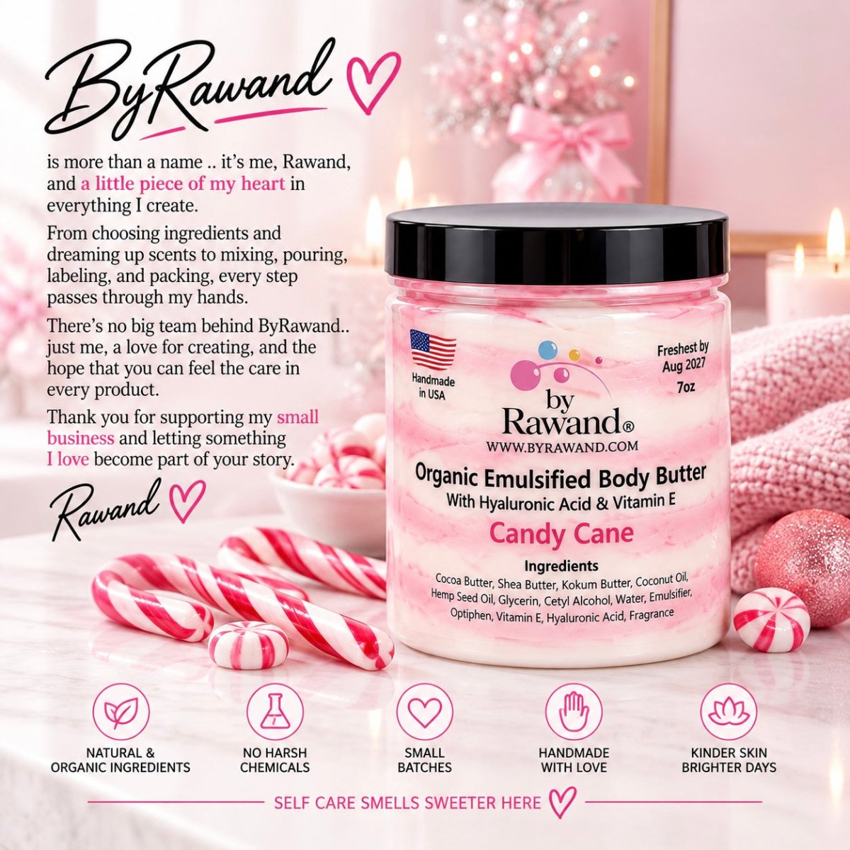 Candy Cane Scented Organic Body Butter - Omega Rich Formula - 7oz Jar - Bath & Body Products ByRawand