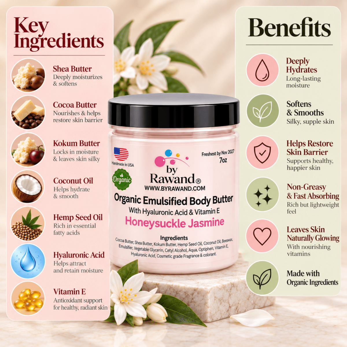 Honeysuckle Jasmine moisturizing buttercream with Hyaluronic acid & vitamin E - Bath & Body Products ByRawand