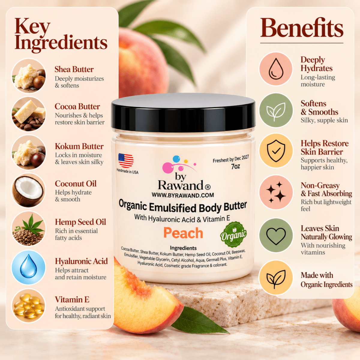 Peach Moisturizing Body Butter with Hyaluronic Acid & vitamin E - Bath & Body Products ByRawand
