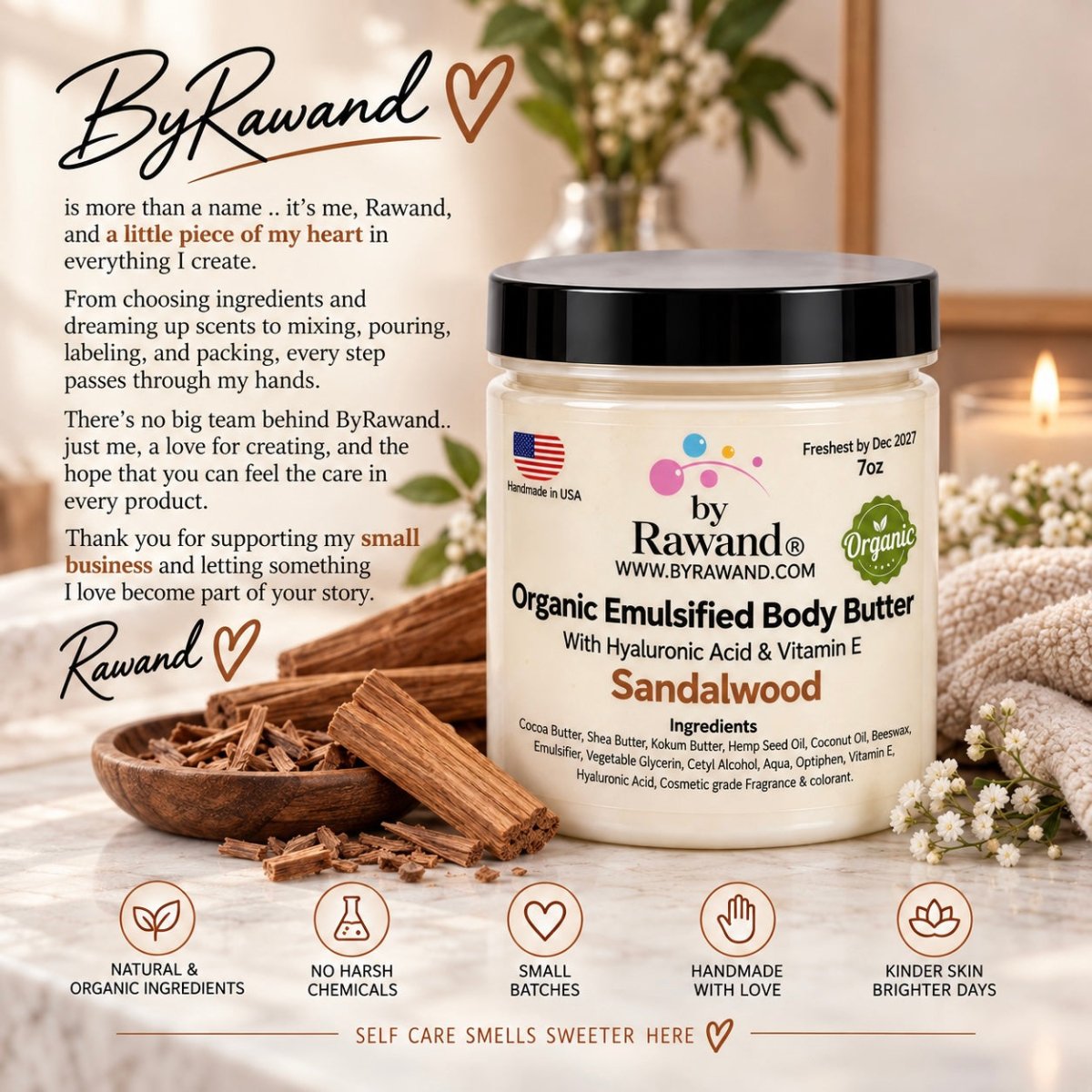Sandalwood Moisturizing Body Butter with Hyaluronic Acid & vitamin E - Bath & Body Products ByRawand
