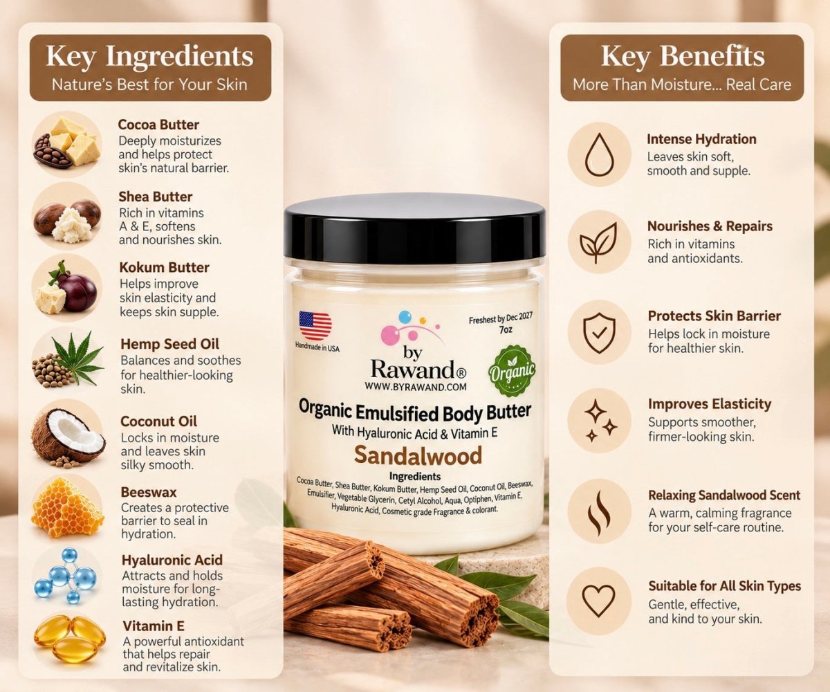 Sandalwood Moisturizing Body Butter with Hyaluronic Acid & vitamin E - Bath & Body Products ByRawand