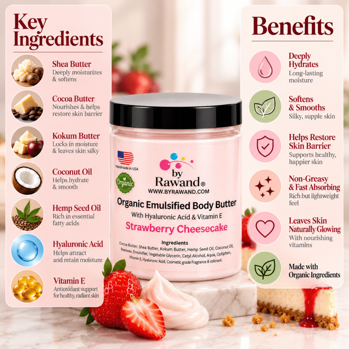Strawberry Cheesecake Moisturizing Body Butter with Hyaluronic acid & vitamin E - Bath & Body Products ByRawand