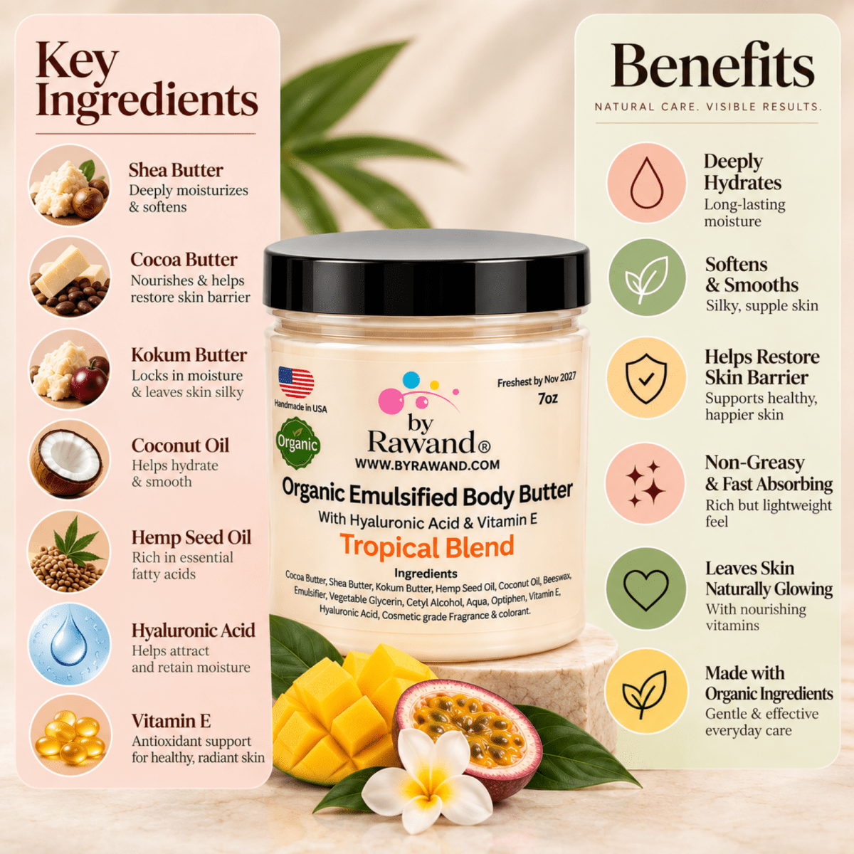Tropical Blend Moisturizing Body Butter with Hyaluronic Acid & vitamin E - Bath & Body Products ByRawand