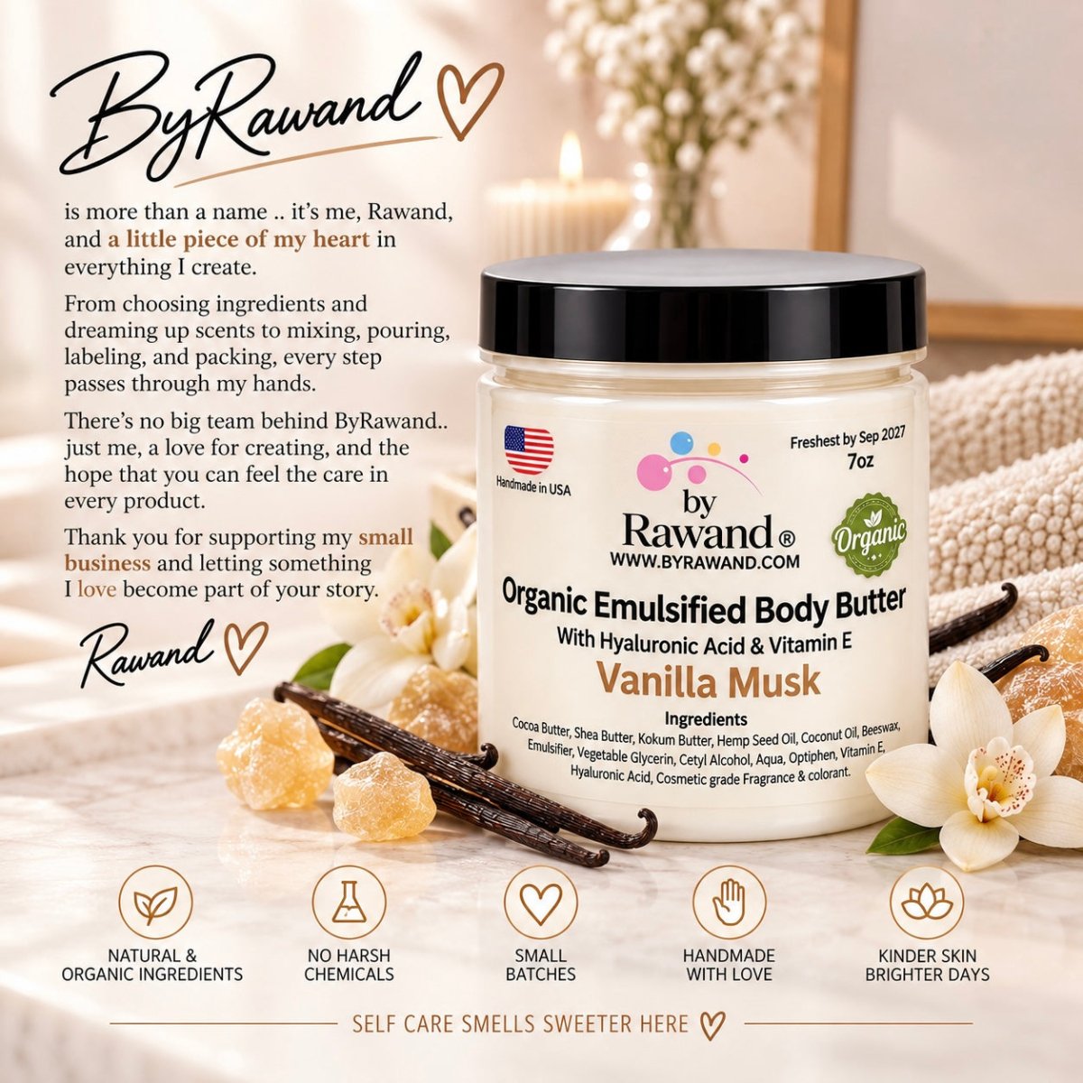 Vanilla Musk moisturizing buttercream with Hyaluronic acid & vitamin E - Bath & Body Products ByRawand