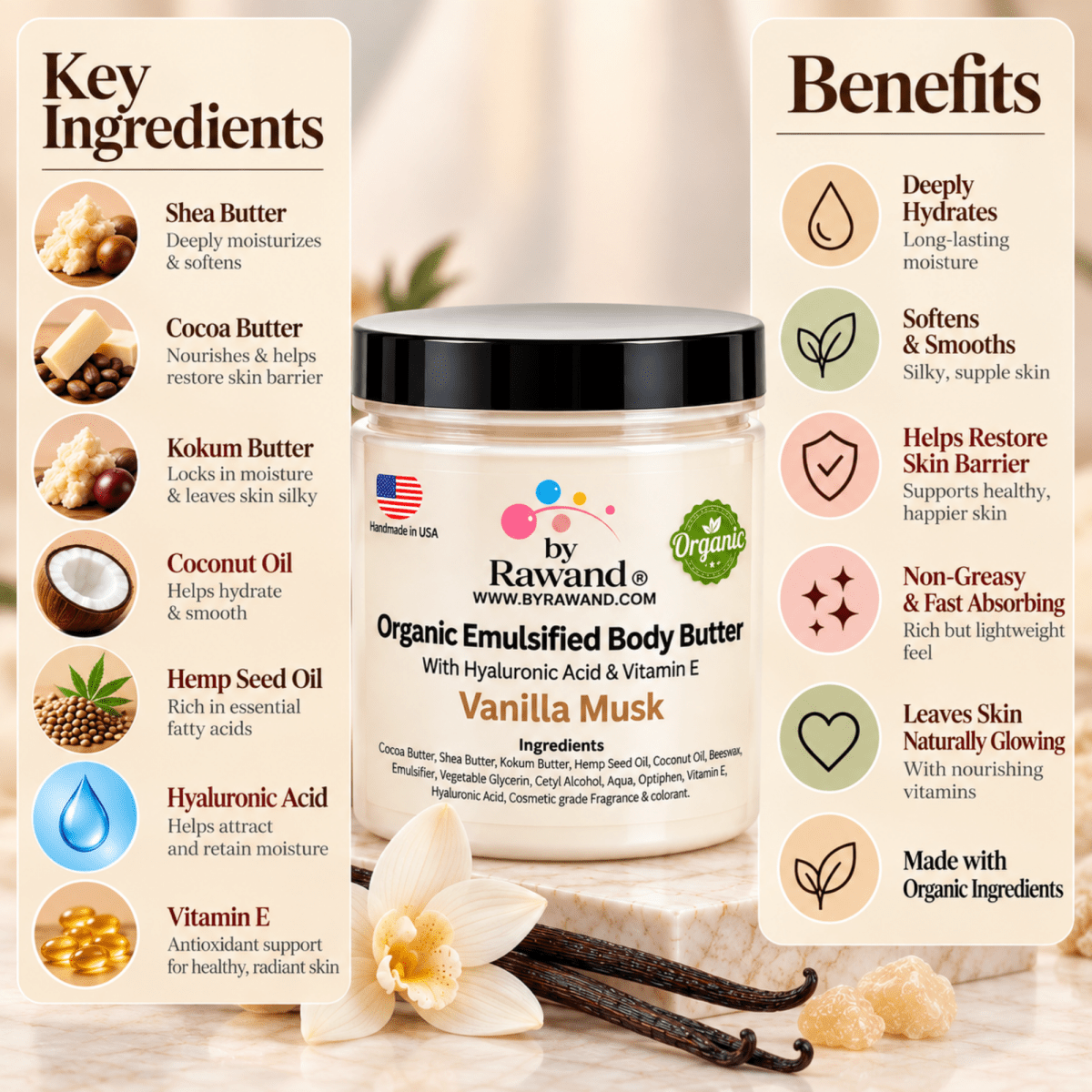 Vanilla Musk moisturizing buttercream with Hyaluronic acid & vitamin E - Bath & Body Products ByRawand